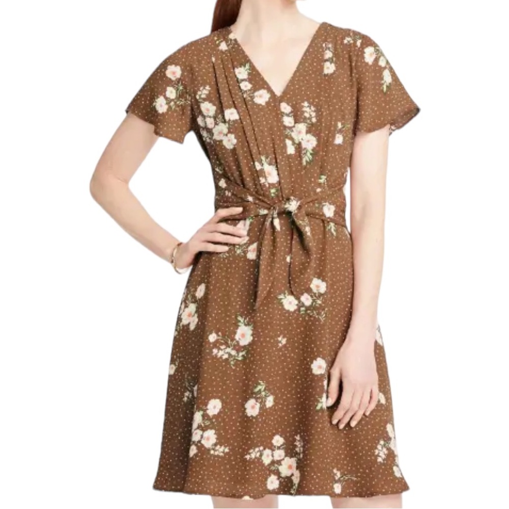 Ann Taylor NWT Latte Brown Floral Front Tie V-neck Flutter Sleeve Dress